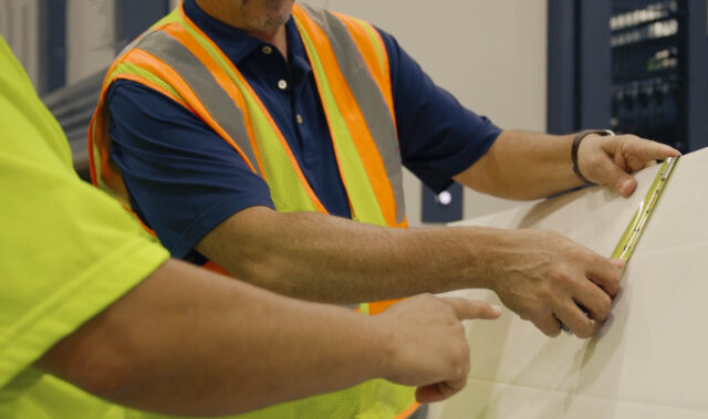 Two men measuring a piece of paper in a warehouse.