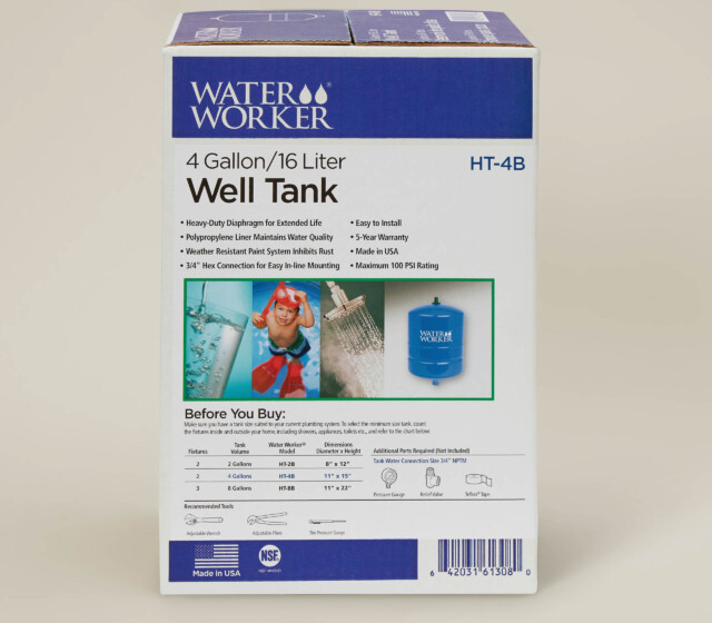 A water worker well tank in a box on a white background.