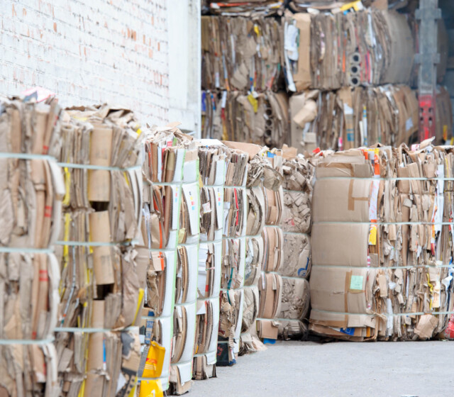 Recycled cardboard boxes in a warehouse.