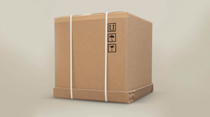 A large cardboard box on a gray background.