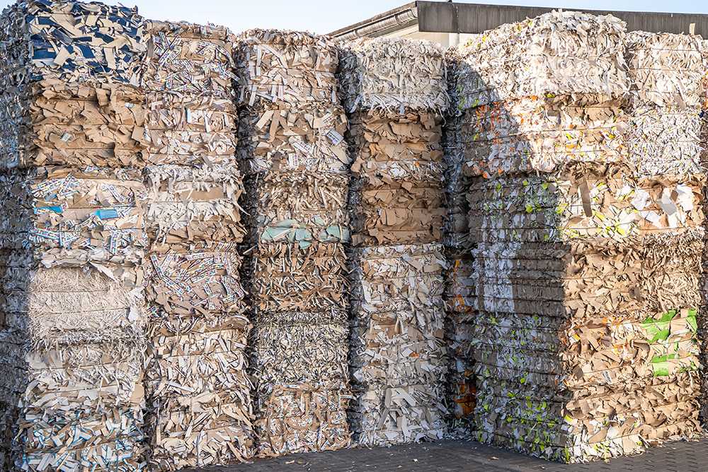 Stacks of compressed cardboard and paper bales are arranged outdoors, ready for recycling.